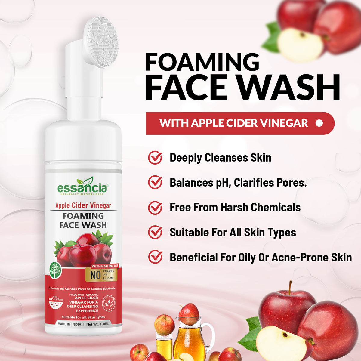 Essancia Apple Cider Vinegar Foaming Face Wash with Builtin Brush D