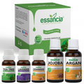 Pack of 5 Essential & Carrier Oils (Tea Tree, Lavender, Cedarwood, Argan, Jojoba) Essancia
