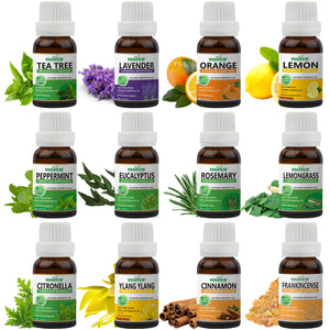 Pack of 12 Essential Oils (Tea Tree, Lavender, Lemon, Orange, Peppermint, Eucalyptus, Frankincense, Ylang Ylang, LemonGrass, Rosemary, Cinnamon, Citronella)