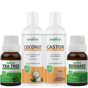 Pack of 4 Essential & Carrier Oils (Tea Tree Oil, Rosemary Oil, Castor Oil, Coconut Oil)