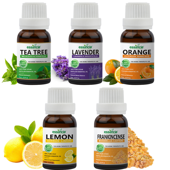 lavender frankincense and tea tree oil Pack of 5 Essential Oils (Tea Tree, Lavender, Lemon, Orange, Frankince – Essancia®