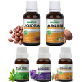 Pack of 5 Essential & Carrier Oils (Tea Tree, Lavender, Cedarwood, Argan, Jojoba) Essancia