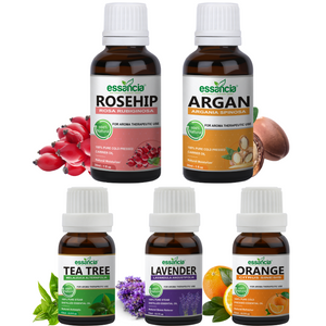Pack of 5 Essential & Carrier Oils (Tea Tree, Lavender, Orange, Argan, Rosehip)