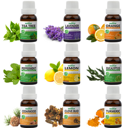 Pack of 9 Essential Oils (Tea Tree, Lavender, Lemon, Orange, Peppermint, Eucalyptus, Cedarwood, Clove Bud, Turmeric)