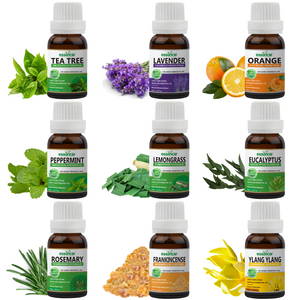 Pack of 9 Essential Oils (Tea Tree, Lavender, Orange, Peppermint, Eucalyptus, Frankincense, Ylang Ylang, Lemongrass, Rosemary)