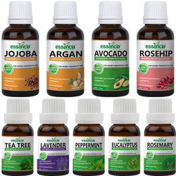 Pack Of 9 Essential & Carrier Oils (Tea Tree, Lavender, Peppermint, Eucalyptus, Rosemary & Jojoba, Argan, Avocado, Rosehip)