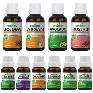 Pack of 10 Essential & Carrier Oils (Tea Tree, Lavender, Orange, Peppermint, Eucalyptus, Rosemary & Jojoba, Argan, Avocado, Rosehip)