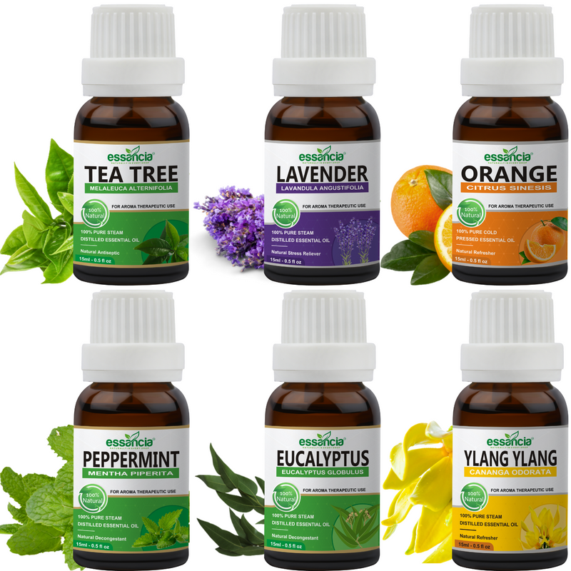 Pack of 6 Essential oils ( Tea Tree, Lavender, Orange, Eucalyptus, Pep –  Essancia®