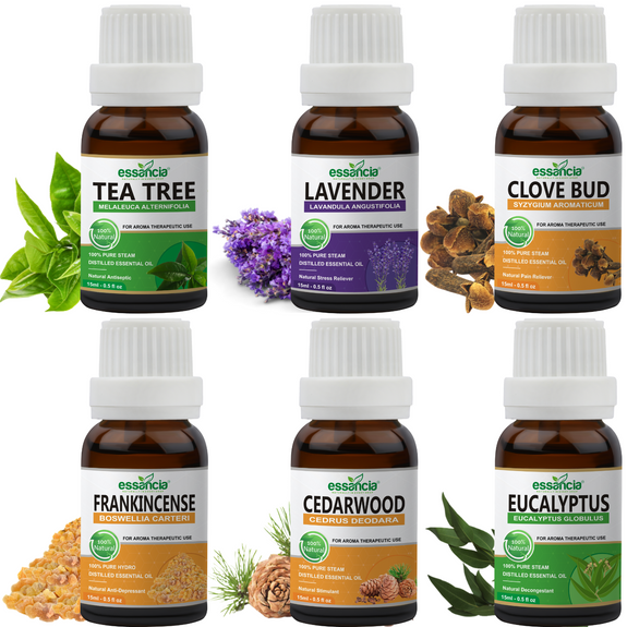 frankincense lavender tea tree Pack of 6 Essential oils (Tea Tree, Lavender, Eucalyptus, Frankincense – Essancia®